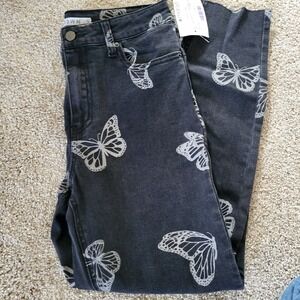 Tinseltown Juniors 9 Black Butterfly Print Jeans‎ High Rise Denim Distressed Hem